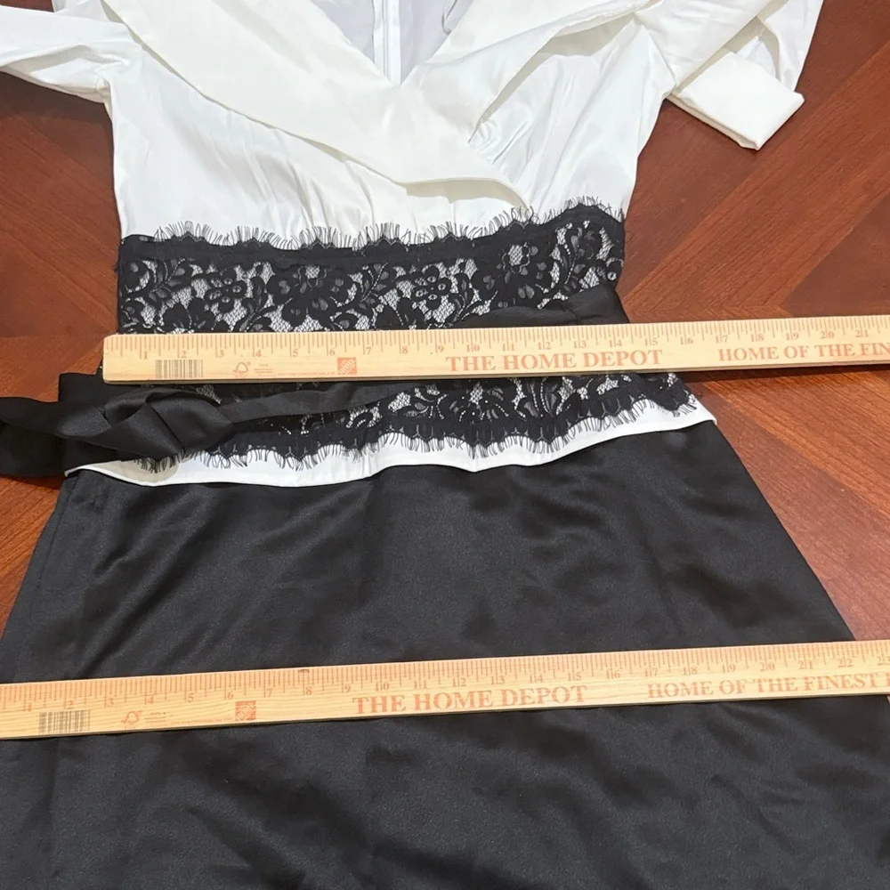 Elegant Chic Black and White Lace Maxi Dress belted wide shoulder sz 12 formal